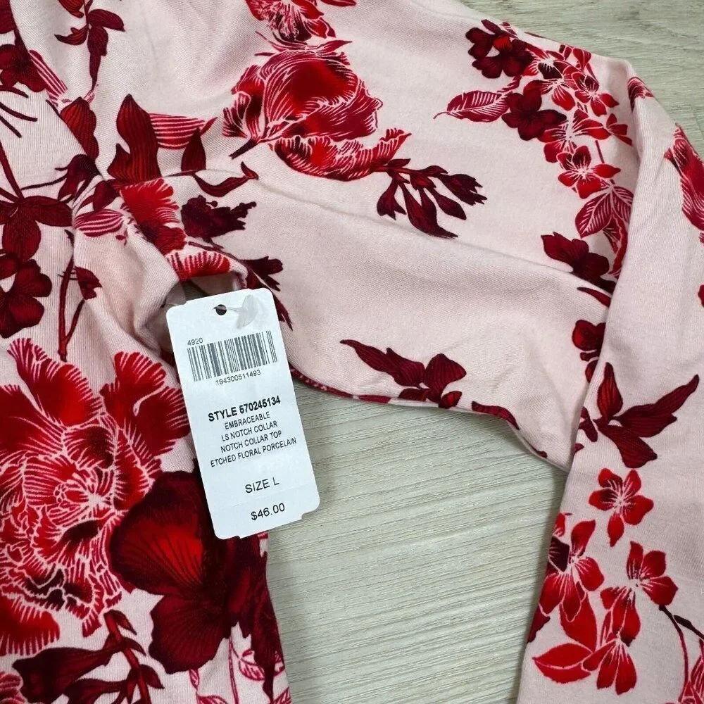 Soma‎ Embraceable Notch Collar Pajama Top Size Large Red Pink Floral 112014